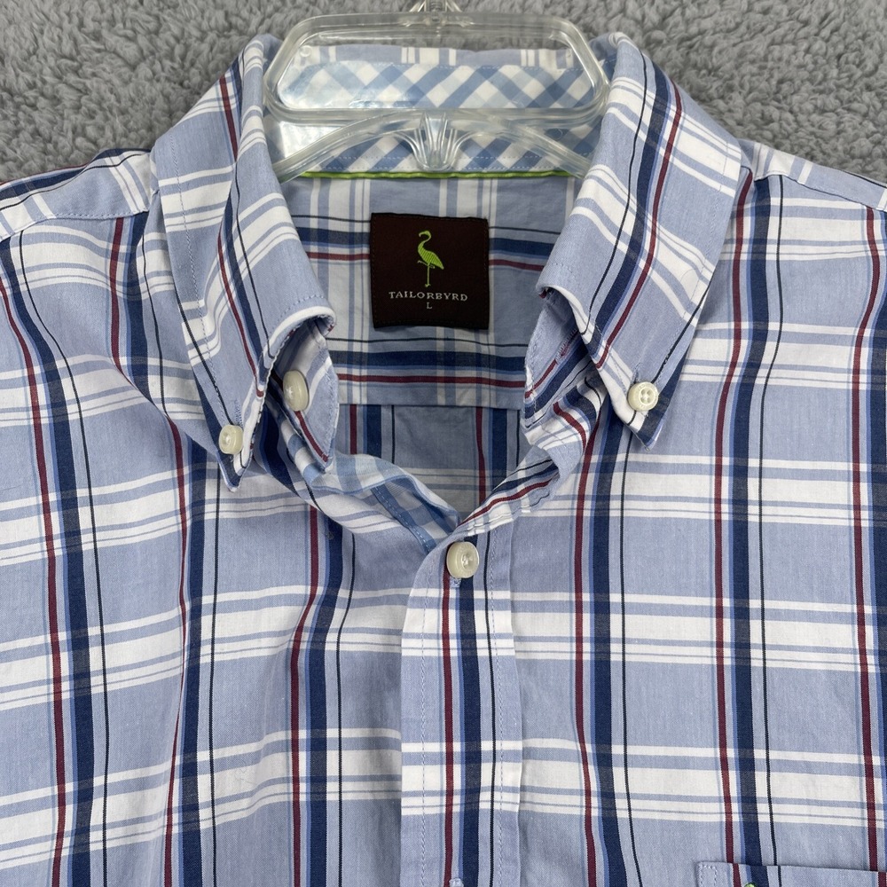 Tailorbyrd Button Down Shirt Mens L Blue Plaid Long Sleeve Flamingo Pocket